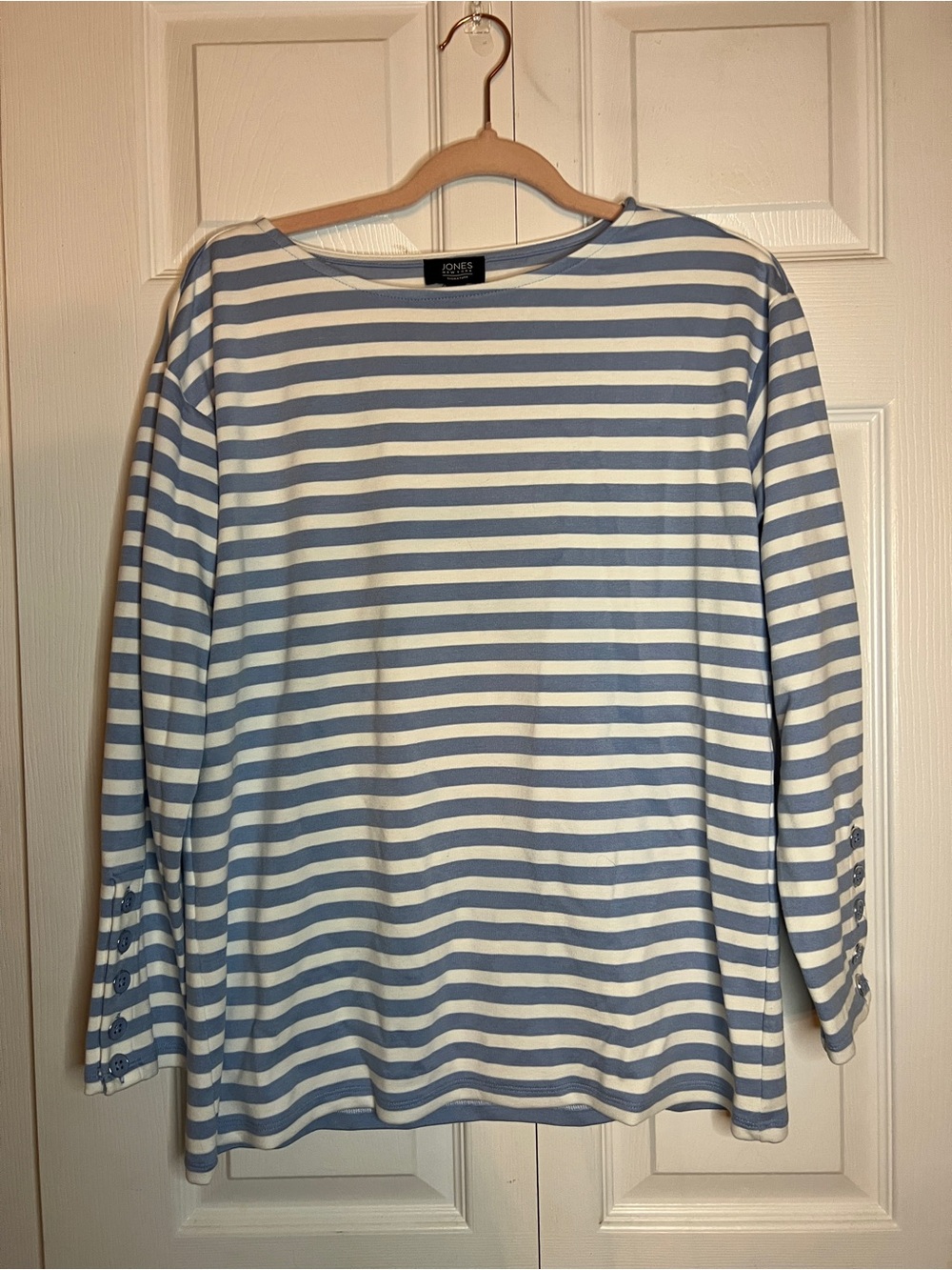 Jones New York Light Blue & White Striped Boatneck Top